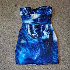 Lipsy Strapless Blue Abstract Print Bodycon Dress